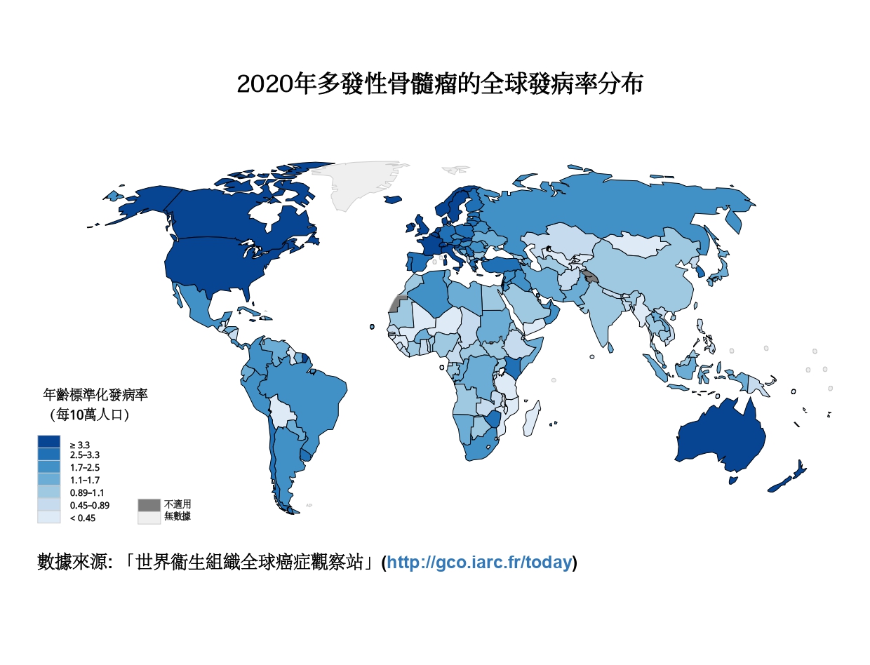 2020年多发性骨髓瘤的全球发病率分布